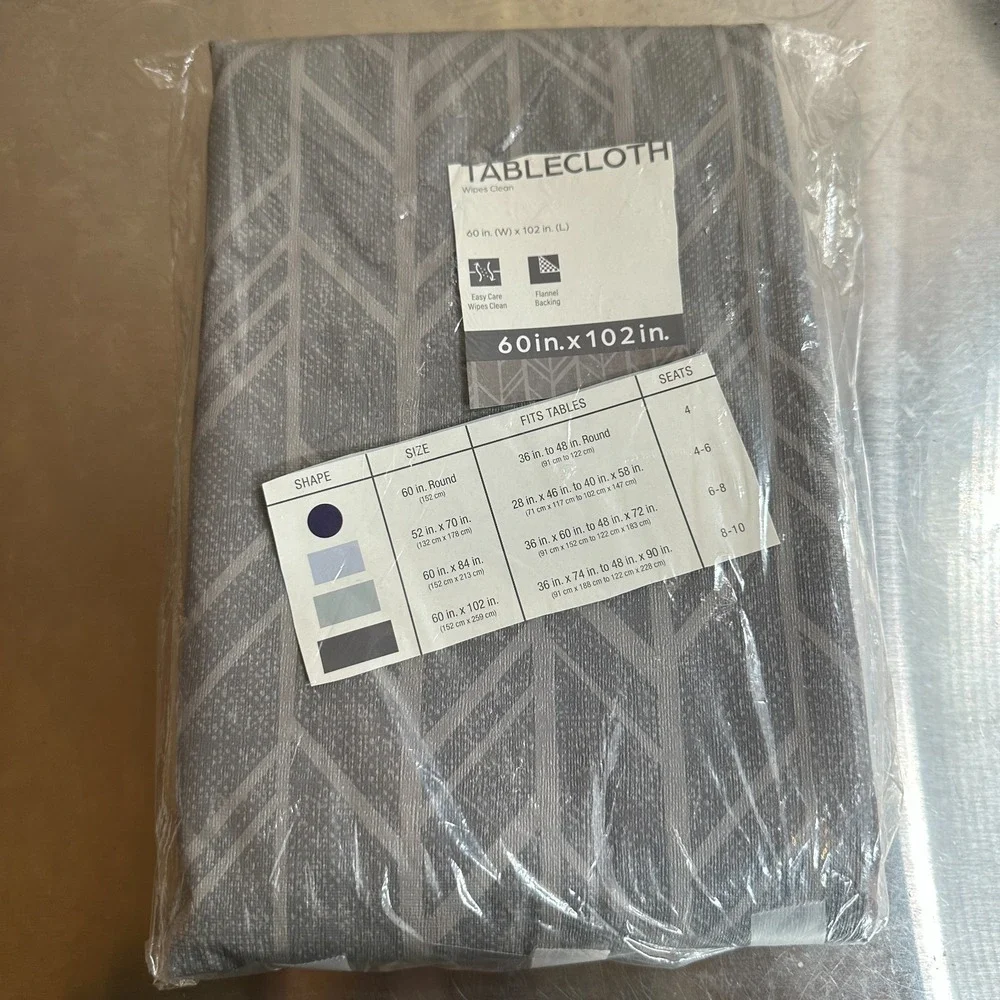 NEW Geometric Tablecloth Wipes Clean Resists Stain Grey Flannel‎ Back 60